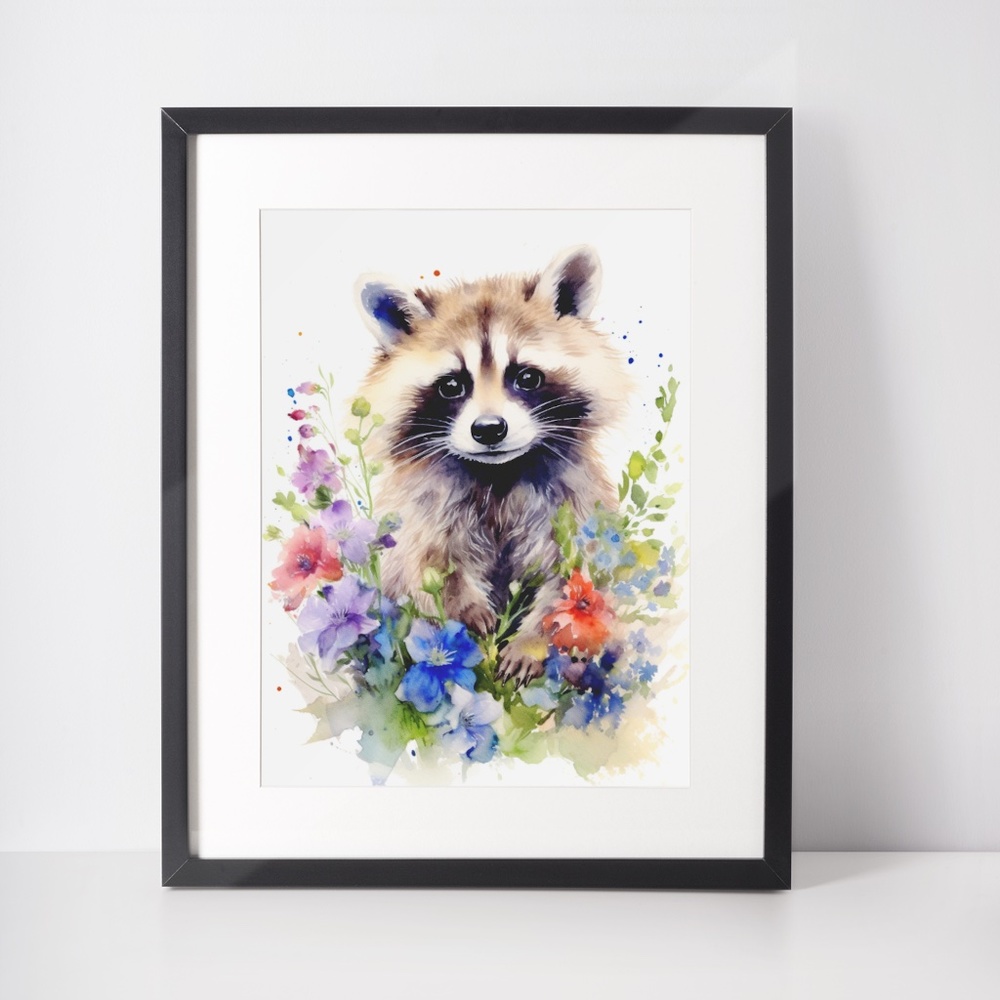 Watercolor Floral Raccoon Wall Art Illustration Print Poster Card Unframed - Picture 2 of 6